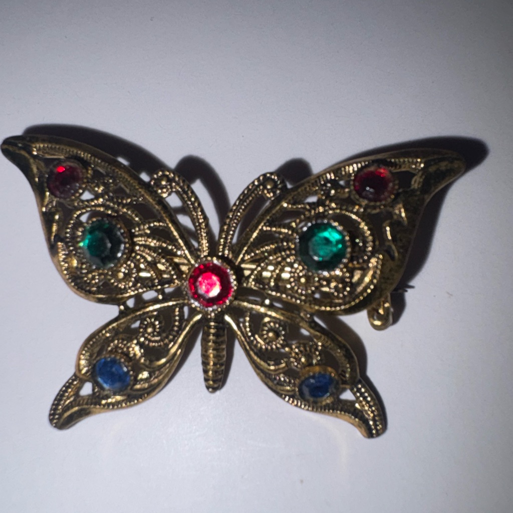 Gold Butterfly Brooch With Colorful Gems